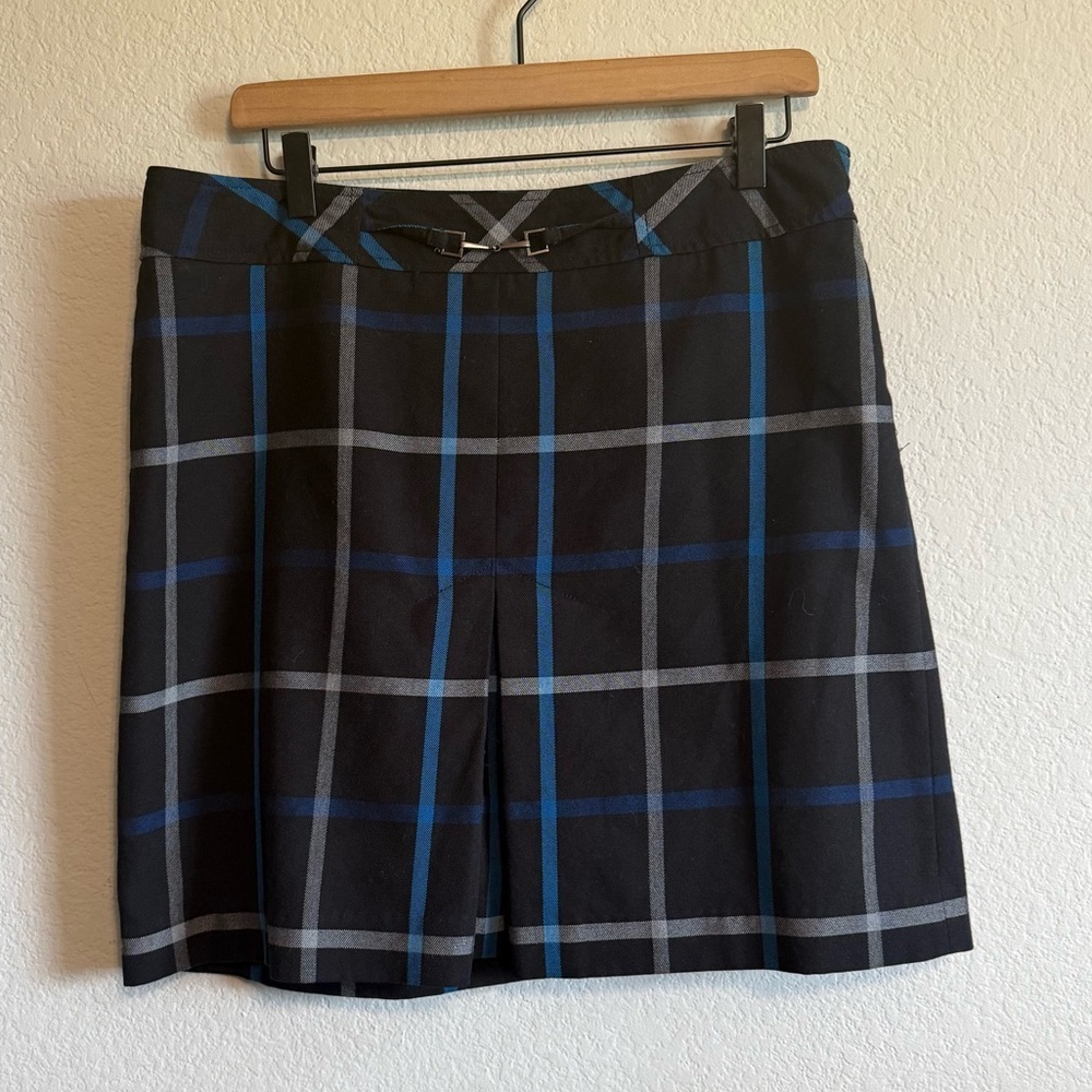 Ann Taylor Loft Black Blue Plaid Academia Schoolgirl Skirt Bit Detail Size 12